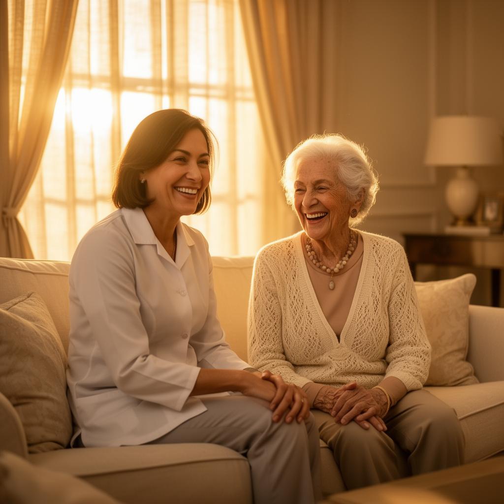 A warm caregiver and senior woman sharing a joyful laugh together at home